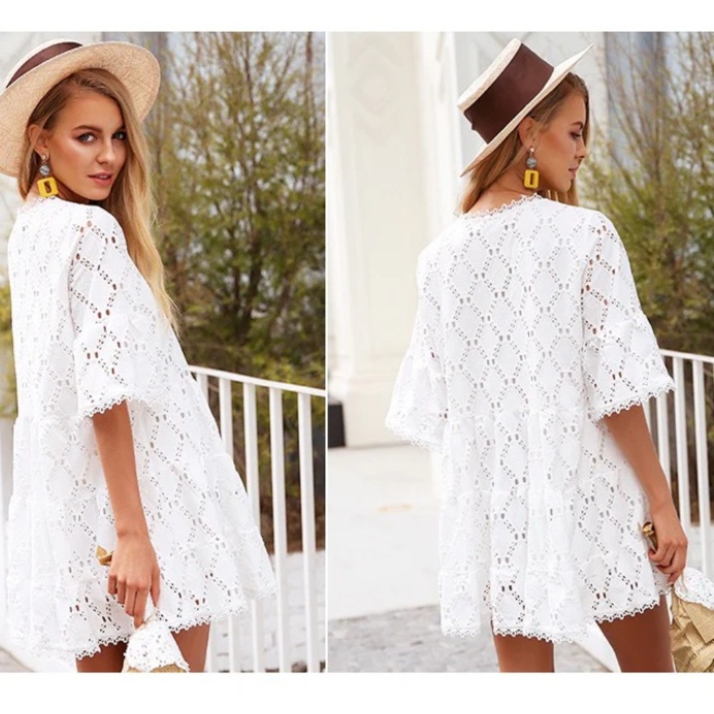 Simplee White Cotton Lace Dress / Top One Size Fits Most Boxy Fit Babydoll